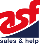 Das Logo der asf sales and help GmbH. Die roten Buchstaben a,s und f stehen über einem blauen Bogen, darunter in blau der Schriftzug sales & help