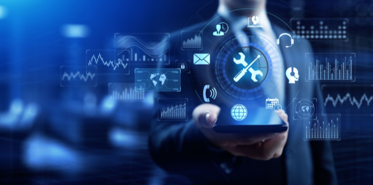 Das Bild zeigt einen Mann im Anzug, der ein Handy mit dem Bildschirm nach oben in der Hand hält. Aus dem Bildschirm kommen verschiedene technische Symbole heraus.