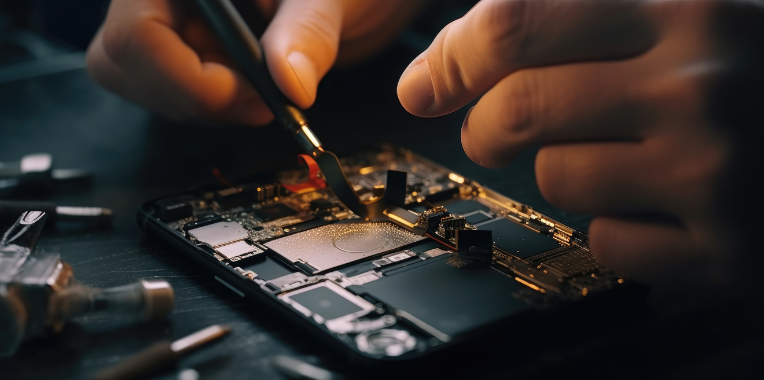 Das Bild zeigt Hände, die mit einem Pinsel ein Computerplatine reinigen